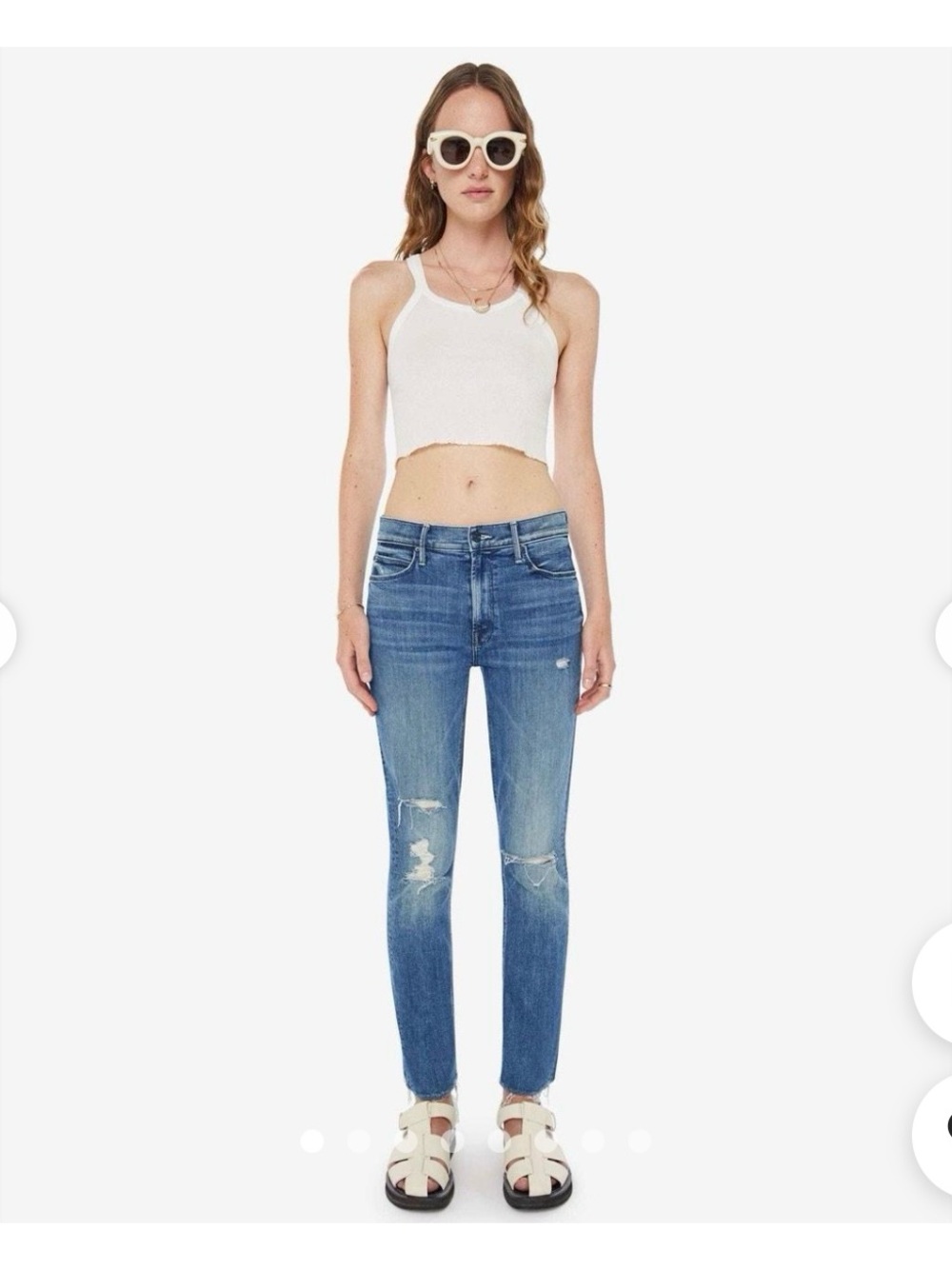 MOTHER Distressed Skinny Jeans in Medium Blue.
